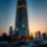 Stunning architectural view of Al Majara Tower at sunset