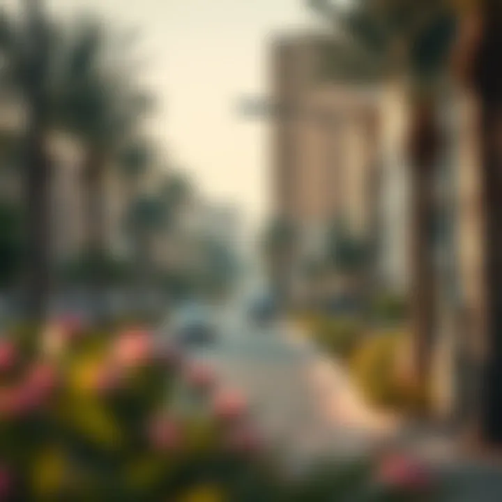 A vibrant community area along Mina Road featuring parks and recreational spaces.