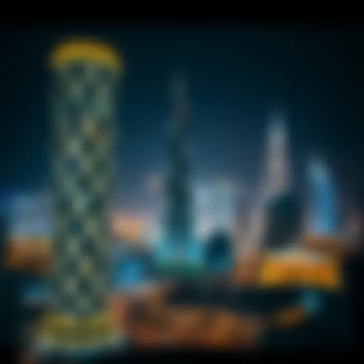 City Gate Tower illuminated at night against the Dubai skyline
