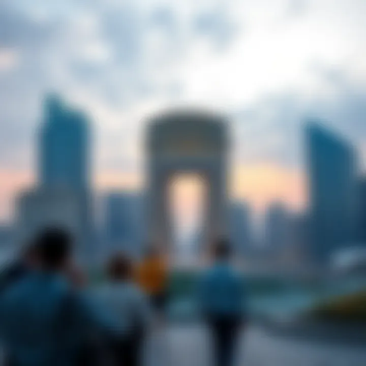 Visitors admiring City Gate Tower with the urban landscape in the background