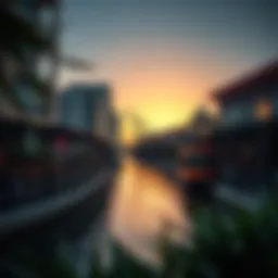 Scenic view of the Dubai Canal Walk at sunset