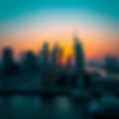 Dubai Skyline at Sunset Skyline of Dubai silhouetted by the setting sun